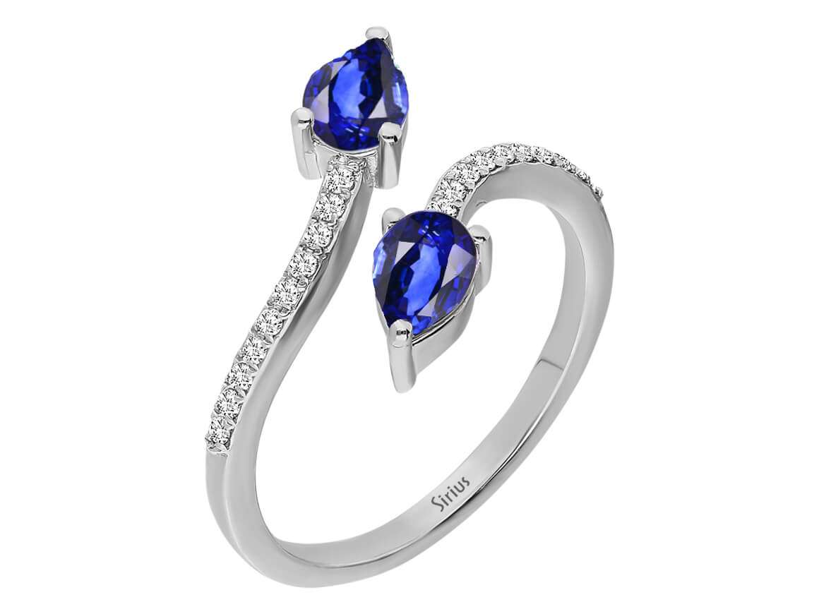 Weißgoldring mit 2 Tropfenschliff Saphiren und 20 Diamanten – 14K