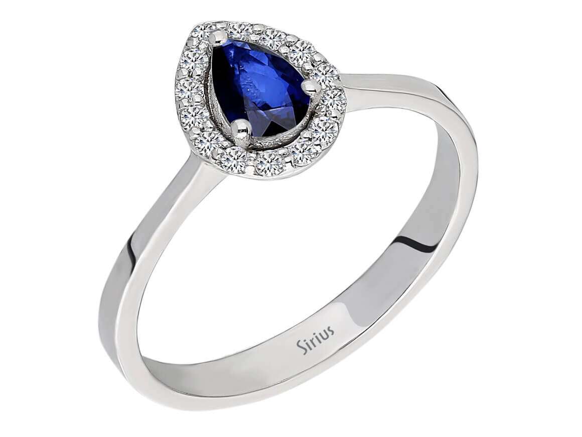 Weißgold-Ring mit Tropfen-Saphir und 14 Labordiamanten