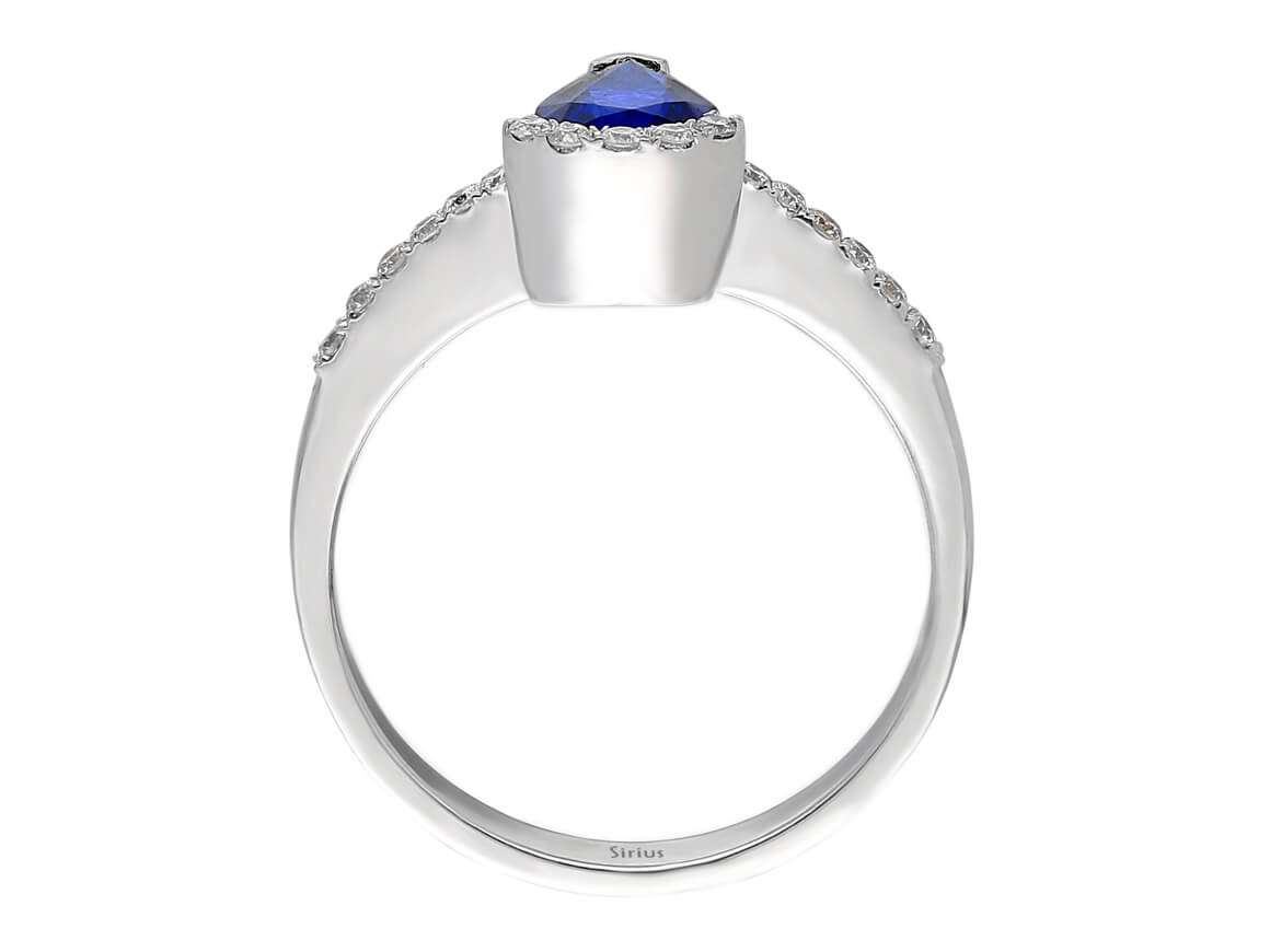 Elegant laboratory diamond and teardrop sapphire ring made of 14 karat white gold