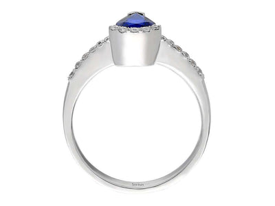 Elegant laboratory diamond and teardrop sapphire ring made of 14 karat white gold