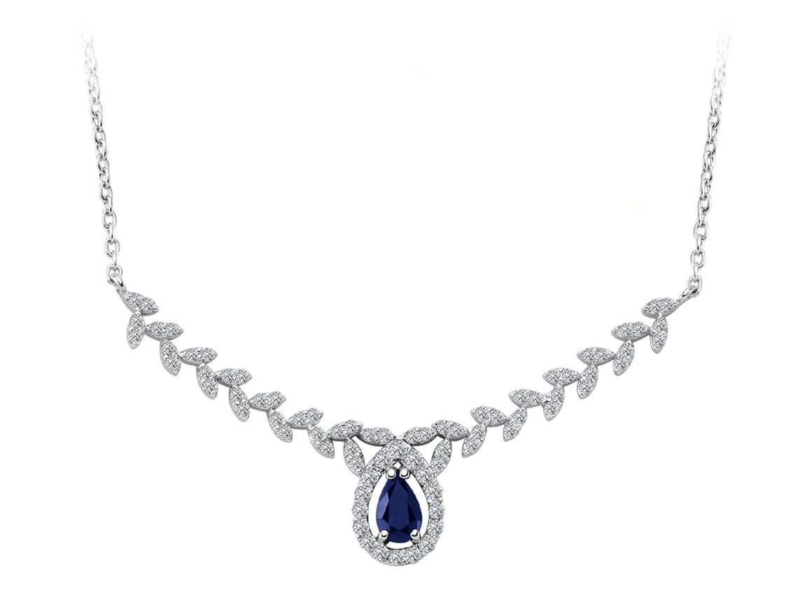Olive branch necklace with drop sapphire and diamonds in 14K white gold