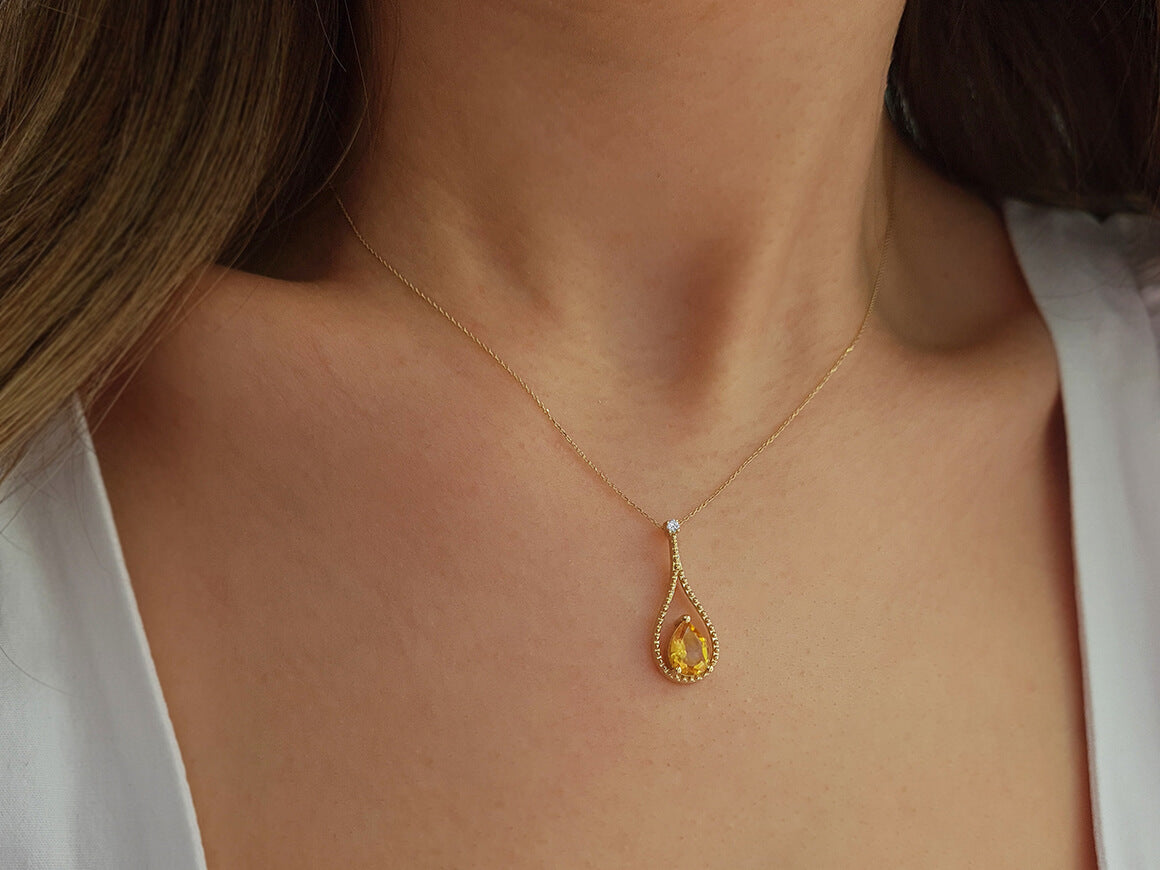 Pırlanta detaylı sitrin damla kolye - 0,98 ct - 8K Sarı Altın - Rosy Lab Diamonds’tan yüksek kaliteli Mücevher