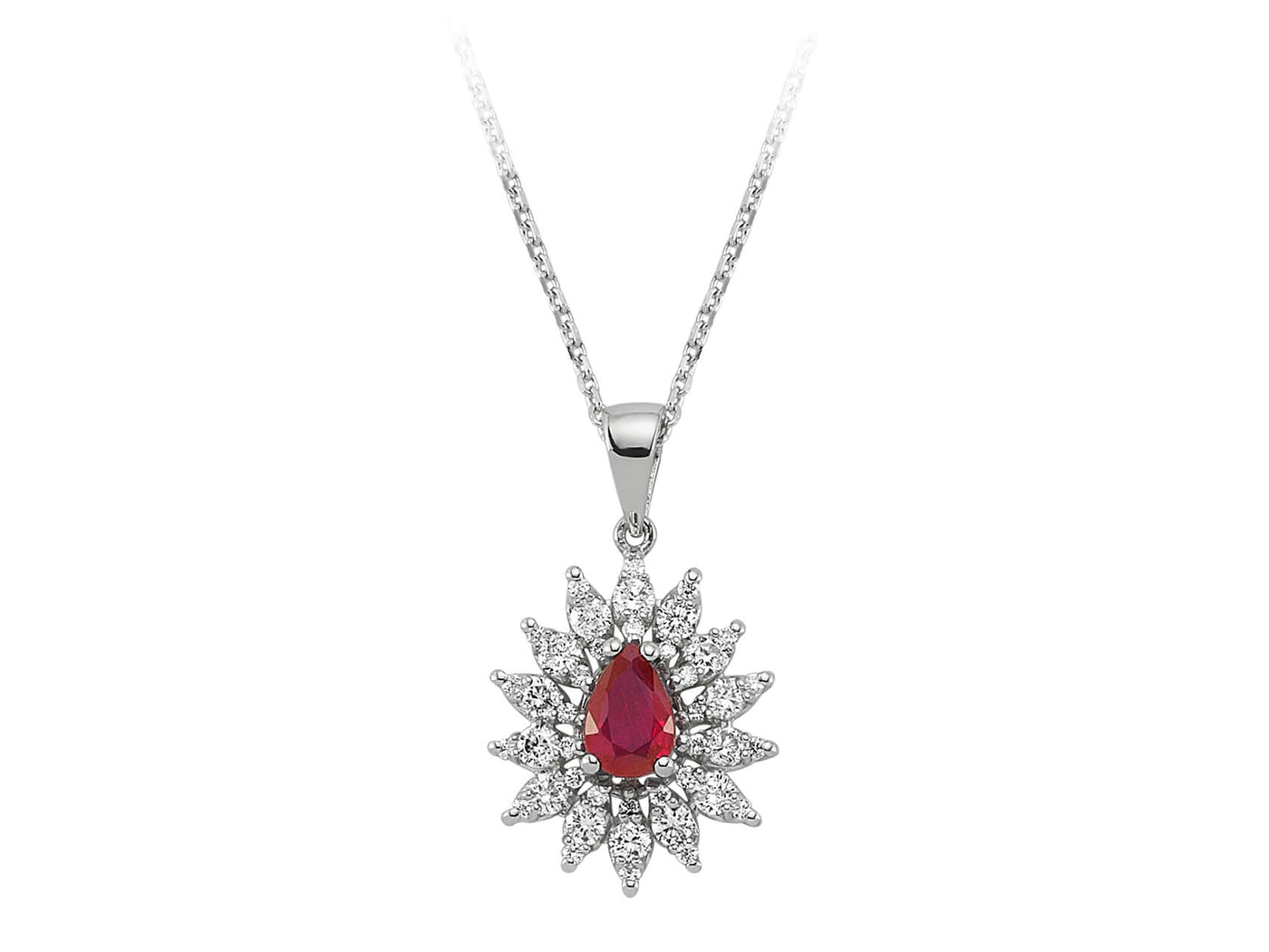 Pendentif entourage Rubis & Diamant | Forme goutte | Or Blanc 14 carats | 04P0082 – Bijoux haut de gamme de Rosy Lab Diamonds