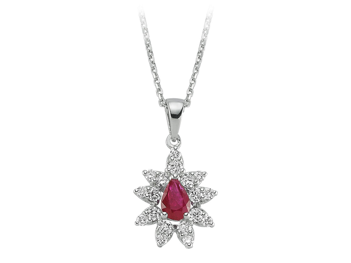 Tropfenförmiger Rubin-Anturage-Anhänger mit 18 laborgezüchteten Diamanten | 14K Weißgold - hochwertiger Schmuck von Rosy Lab Diamonds