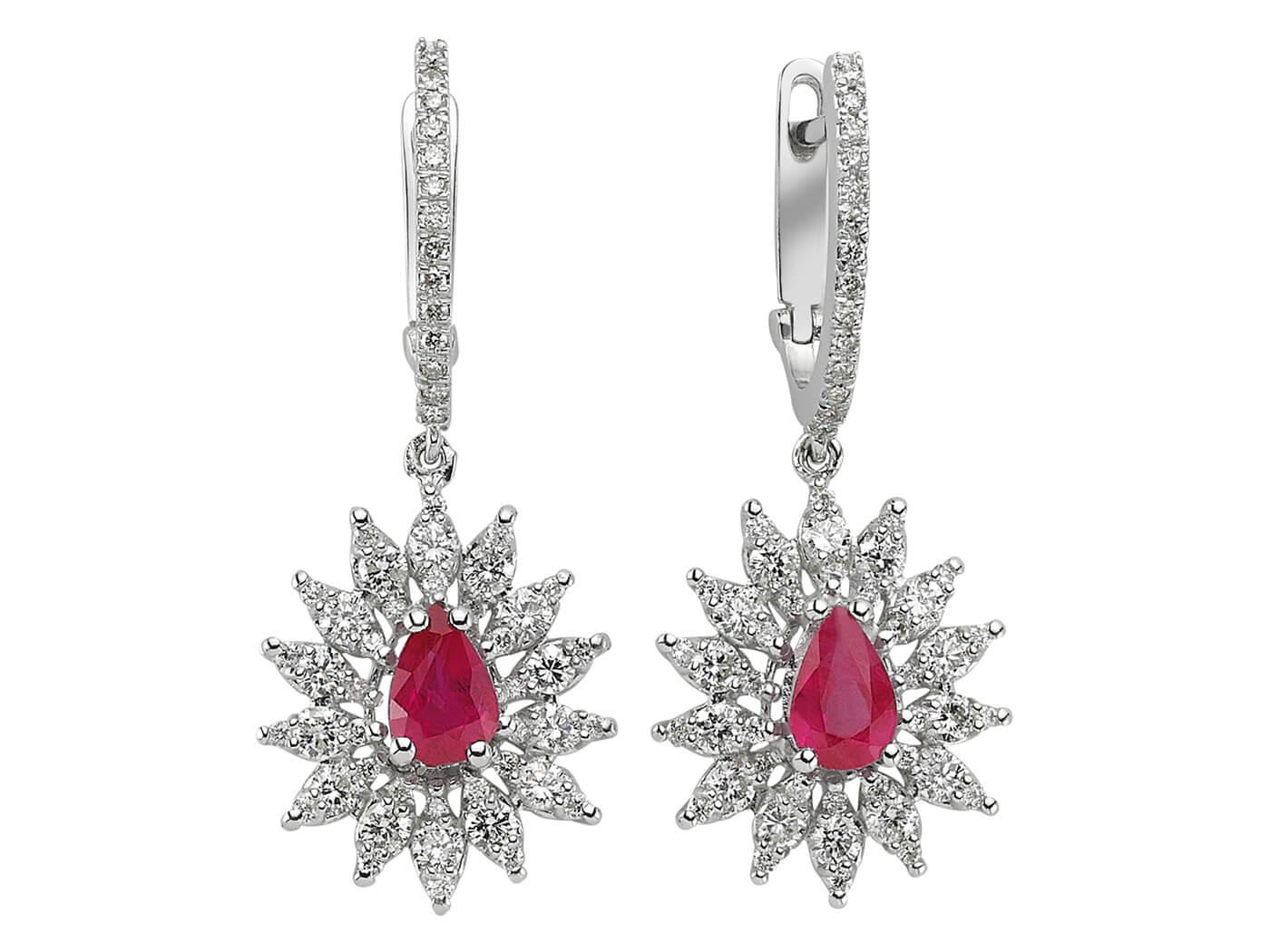 Pendant earrings with 1.06 ct rubies & 1.03 ct lab-grown diamonds in 14K white gold