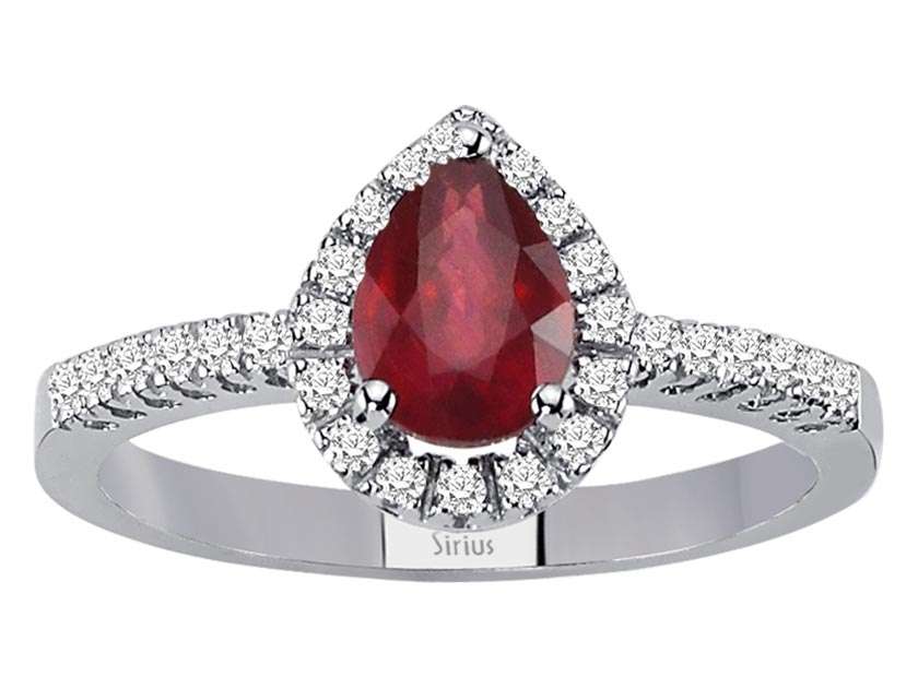 Anturage-Ring mit Tropfen-Rubin und 28 Diamanten aus 14K Weißgold (1,40 ct)