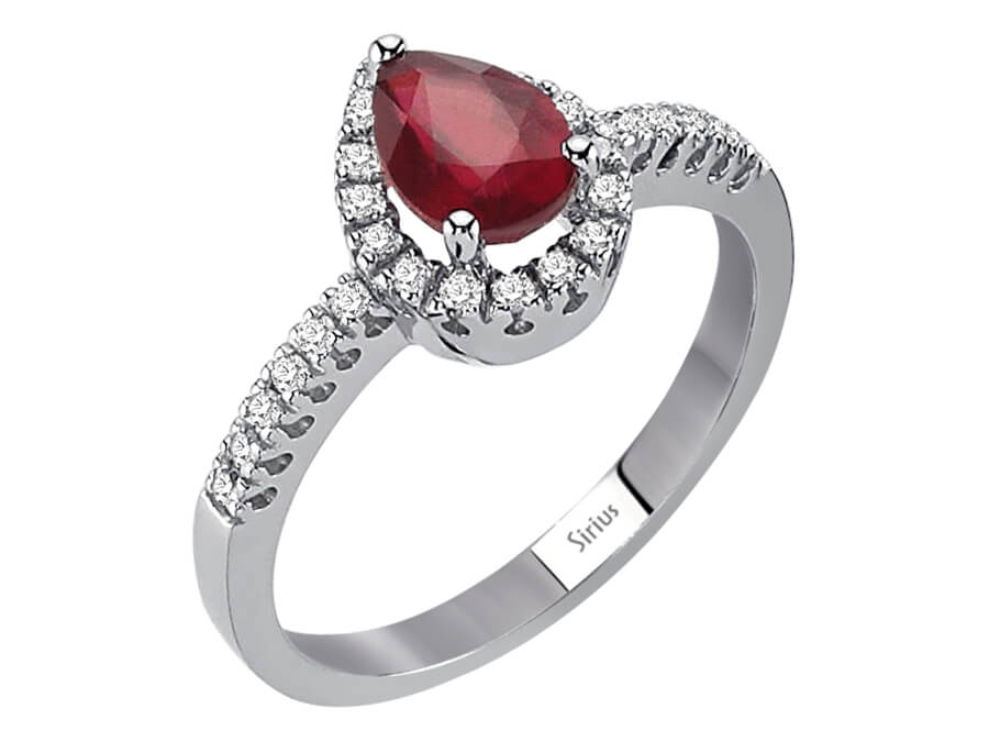 Anturage-Ring mit Tropfen-Rubin und 28 Diamanten aus 14K Weißgold (1,40 ct)