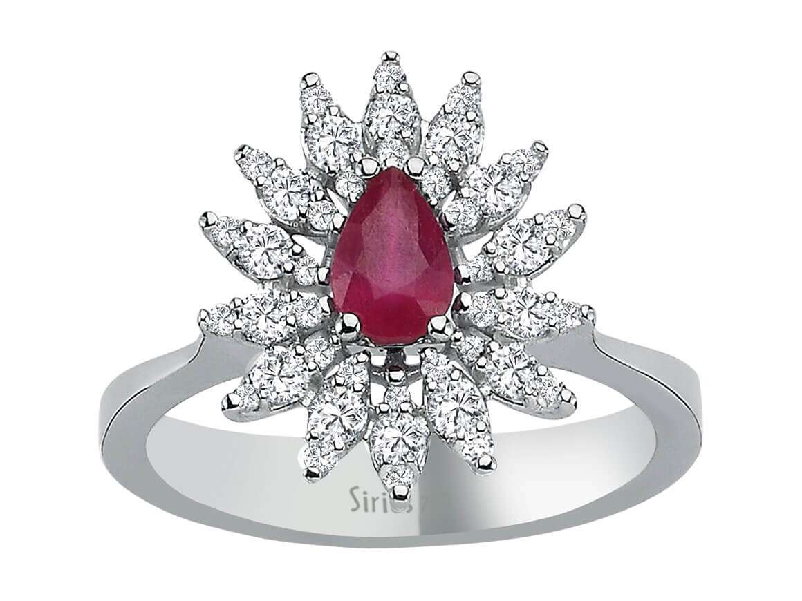 Weißgoldring mit 42 laborgezüchteten Diamanten und 1 tropfenförmigem Rubin, 0,51 und 0,53 Karat