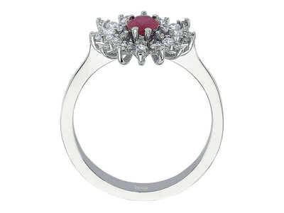 Weißgoldring mit 42 laborgezüchteten Diamanten und 1 tropfenförmigem Rubin, 0,51 und 0,53 Karat