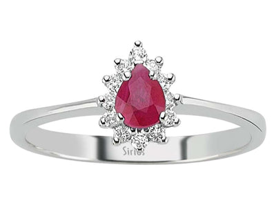 Anturage-Ring aus 8K Weißgold mit tropfenförmigem Rubin und Labor-Diamanten – 0,58 ct