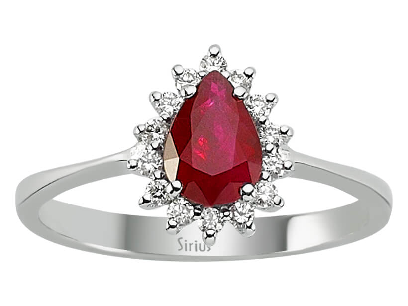 Anturage-Ring mit 0,80 ct Tropfen-Rubin & 0,16 ct Diamanten in 14K Weißgold