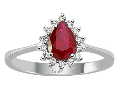 Anturage-Ring mit 0,80 ct Tropfen-Rubin & 0,16 ct Diamanten in 14K Weißgold