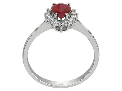 Anturage-Ring mit 0,80 ct Tropfen-Rubin & 0,16 ct Diamanten in 14K Weißgold