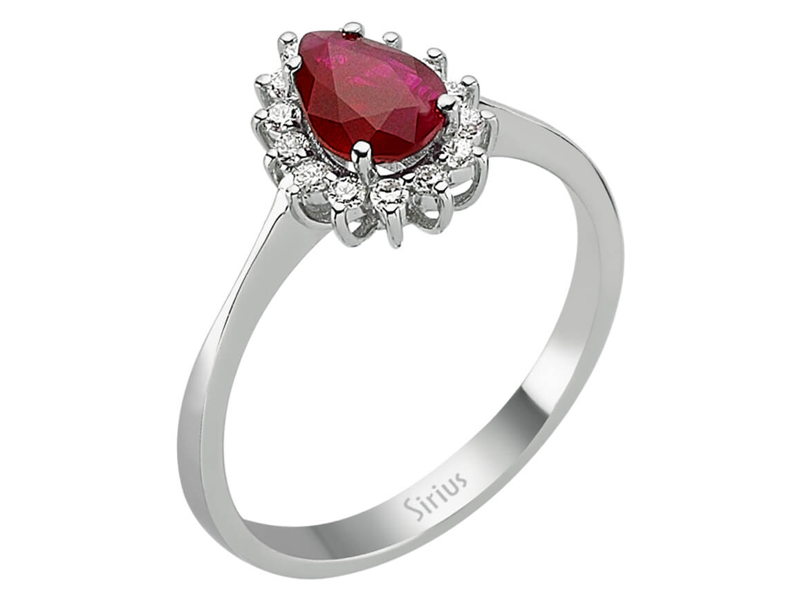 Anturage-Ring mit 0,80 ct Tropfen-Rubin & 0,16 ct Diamanten in 14K Weißgold