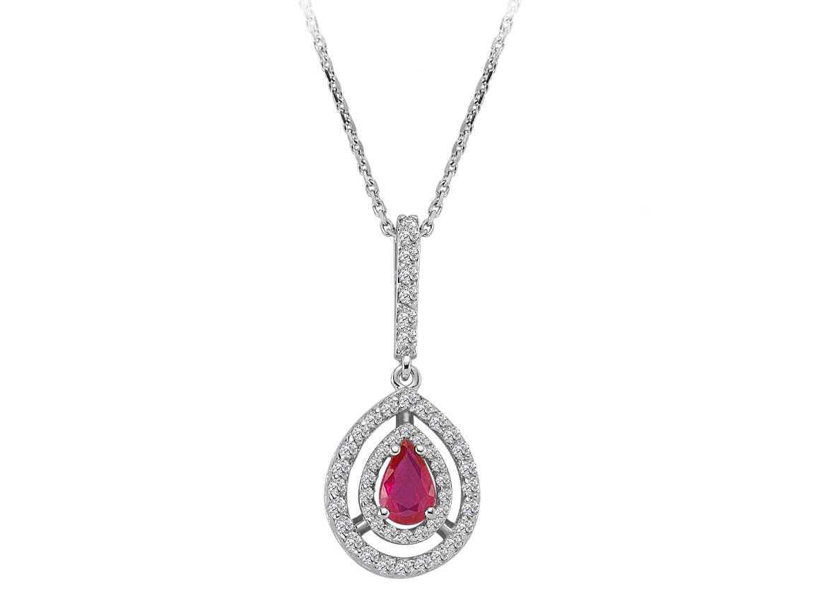 Pendentif avec rubis goutte de 0,44 ct et diamants de 0,30 ct en or blanc 14 carats