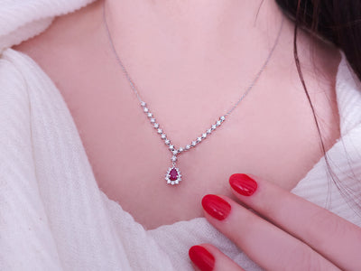 Exclusive Y-necklace with drop ruby and 30 diamonds in 14K white gold