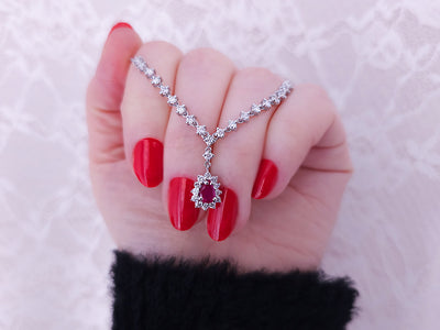 Exclusive Y-necklace with drop ruby and 30 diamonds in 14K white gold