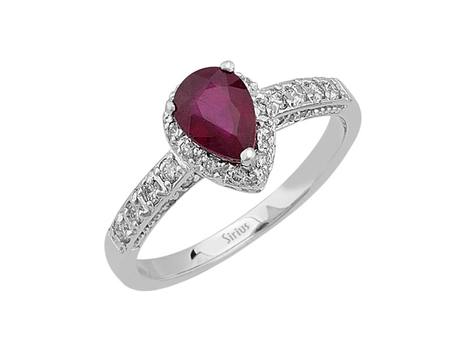 Weißgold Ring mit 35 rund geschliffenen Diamanten und 1 tropfenförmigem Rubin – 14K