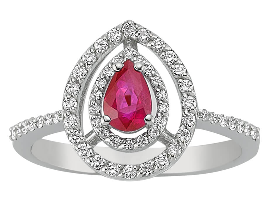 Weißgoldring mit Tropfenförmigem Rubin und Halo aus Labordiamanten