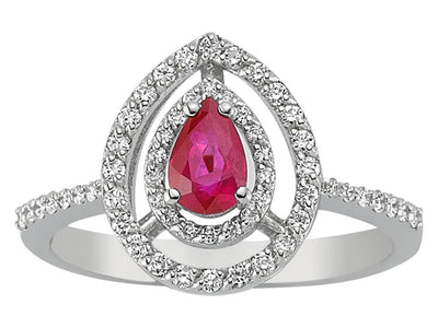 Weißgoldring mit Tropfenförmigem Rubin und Halo aus Labordiamanten