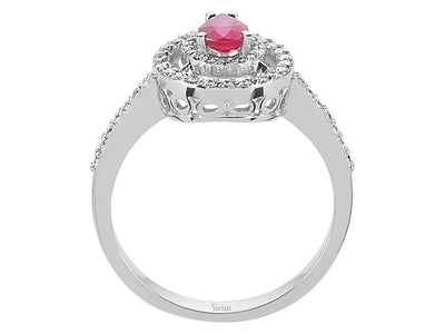 Weißgoldring mit Tropfenförmigem Rubin und Halo aus Labordiamanten