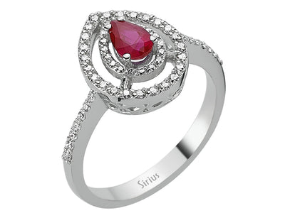 Weißgoldring mit Tropfenförmigem Rubin und Halo aus Labordiamanten