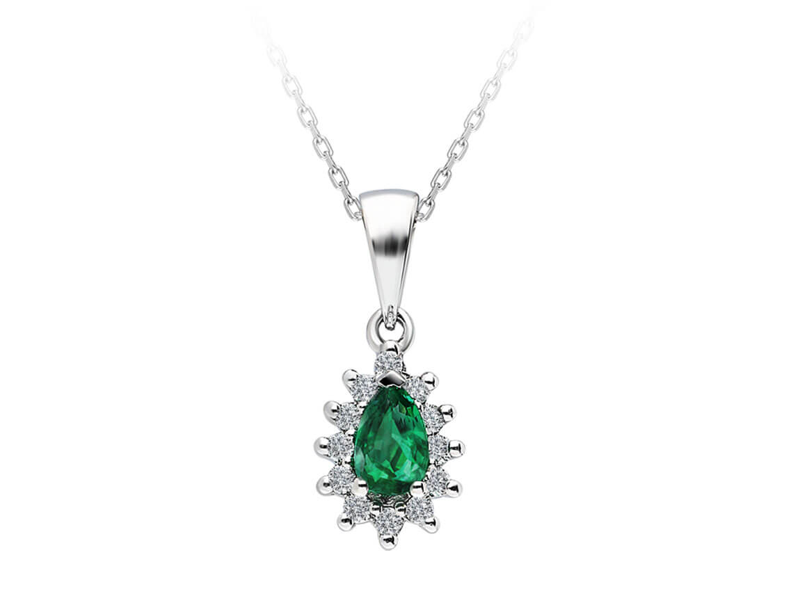 Collier Anturaj avec émeraude en forme de goutte et 12 diamants cultivés en laboratoire en or blanc 8K