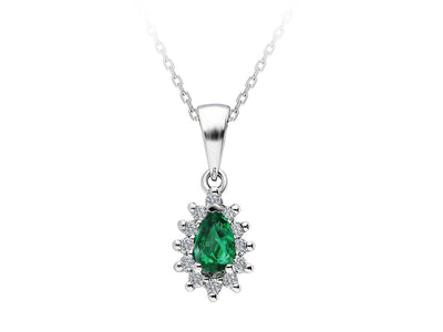 Collier Anturaj avec émeraude en forme de goutte et 12 diamants cultivés en laboratoire en or blanc 8K