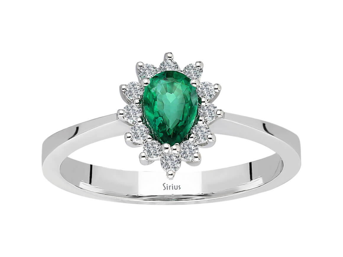 Bague en Or Blanc avec diamants de laboratoire et Émeraude en forme de goutte | Bijoux en Or Blanc 8 carats – Bijoux haut de gamme de Rosy Lab Diamonds