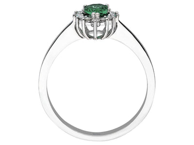 Weißgoldring mit 12 laborgezüchteten Diamanten und einem tropfenförmigen Smaragd