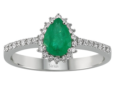 Eleganter Ring aus 14K Weißgold mit Tropfenförmigem Smaragd & 32 Diamanten
