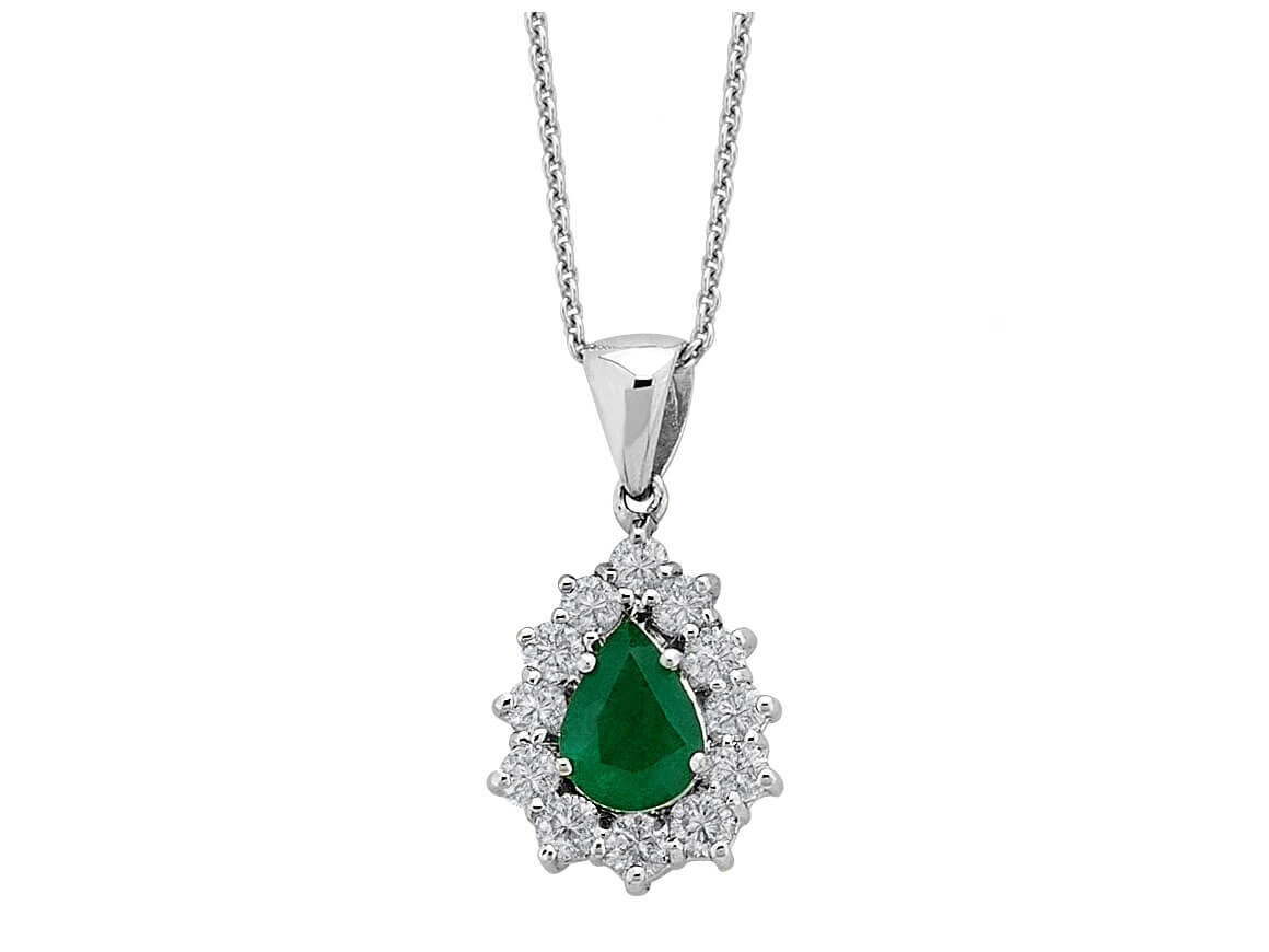 Pendentif Anturage avec émeraude goutte & 12 diamants de laboratoire en or blanc 14K