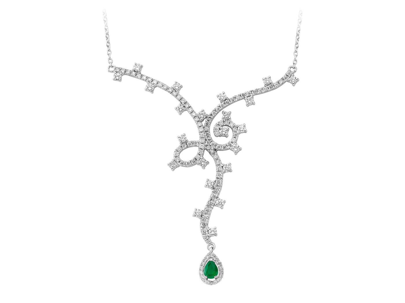 Verschnörkelte Collier-Halskette mit Tropfen-Smaragd und Diamanten in 14K Weißgold
