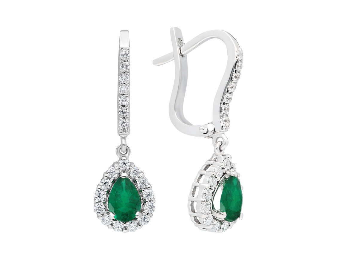 Drop Earrings with Teardrop Emeralds and 40 Lab-Grown Diamonds in 14K White Gold - high-quality Jewelry by Rosy Lab Diamonds