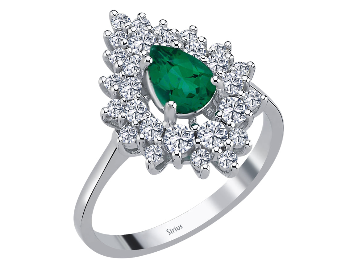 Neslişah ring with drop emerald and 28 diamonds in 14K white gold