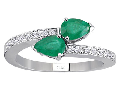 Du & Ich-Ring mit 2 Zümrüten im Tropfenschliff & 16 Labordiamanten in 14K Weißgold – Modell 04R0311