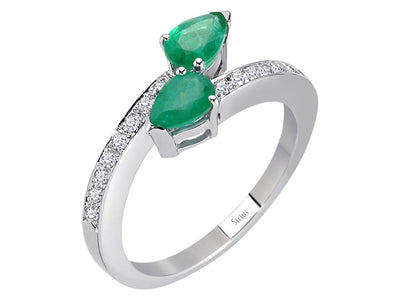 Du & Ich-Ring mit 2 Zümrüten im Tropfenschliff & 16 Labordiamanten in 14K Weißgold – Modell 04R0311