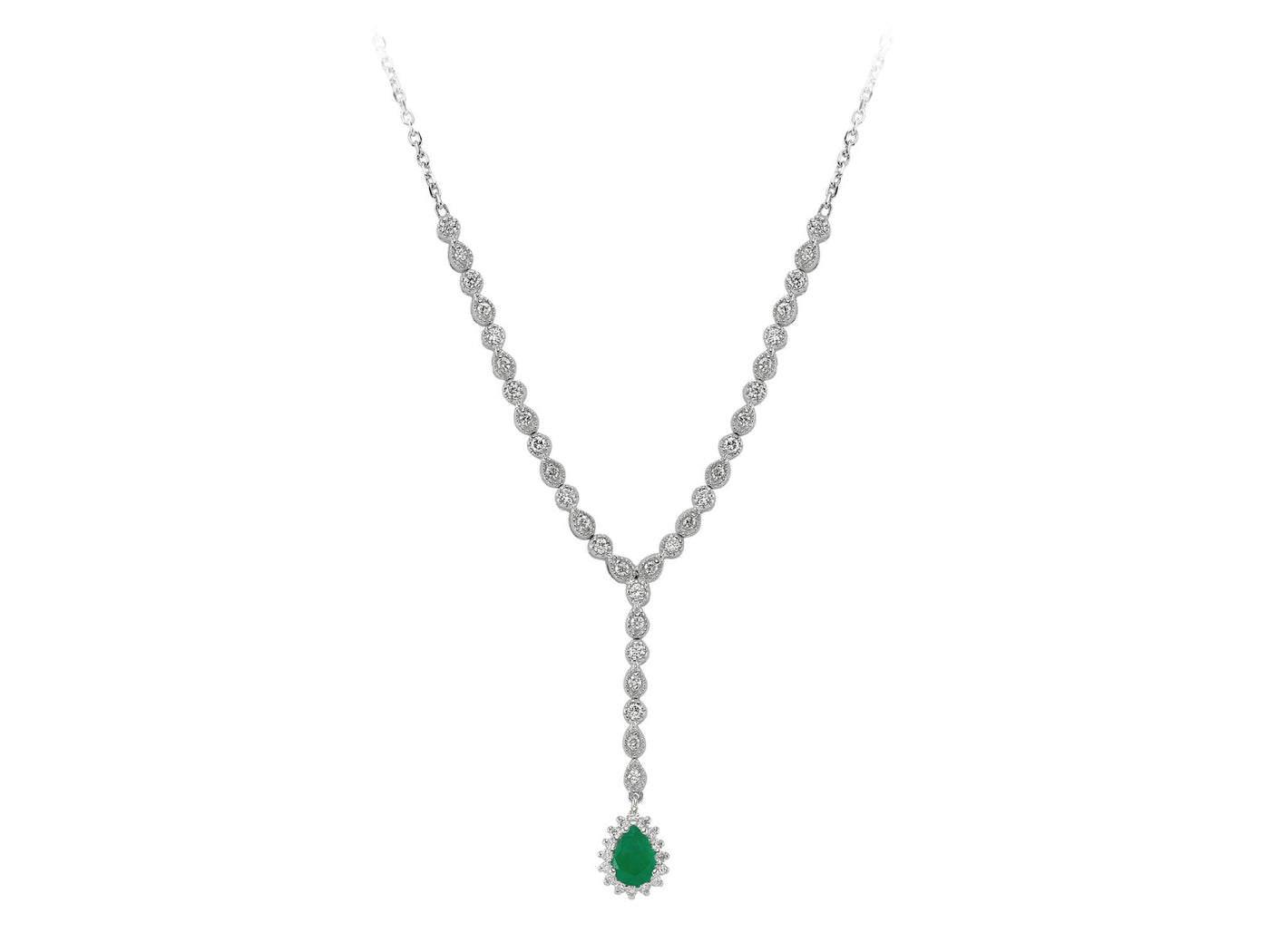 Y-Halskette mit tropfenförmigem Smaragd und 0,58 ct laborgezüchteten Diamanten in 14K Weißgold