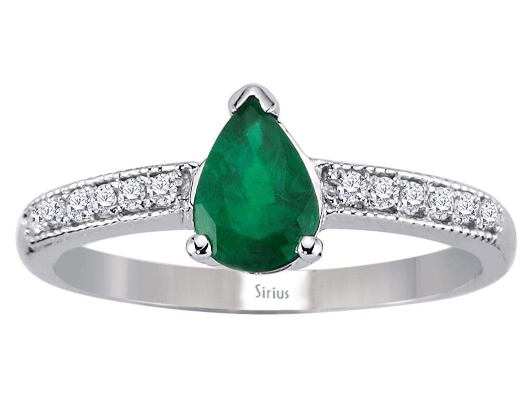 Ring mit 1 Zümrüt im Tropfenschliff & 12 Labordiamanten in 14K Weißgold – Modell 04R0322