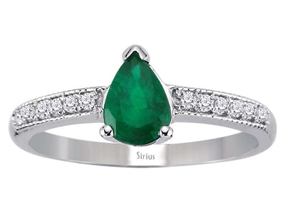 Ring mit 1 Zümrüt im Tropfenschliff & 12 Labordiamanten in 14K Weißgold – Modell 04R0322