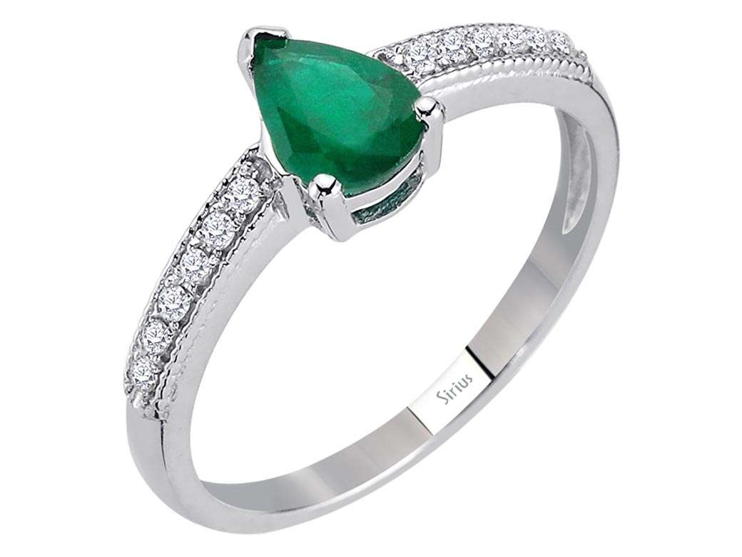 Ring with Teardrop Emerald & Lab-Grown Diamonds in 14K White Gold - Model 04R0322 - Fine Jewelry by Rosy Lab Diamonds
