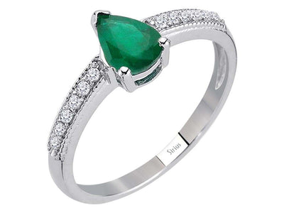 Ring mit 1 Zümrüt im Tropfenschliff & 12 Labordiamanten in 14K Weißgold – Modell 04R0322