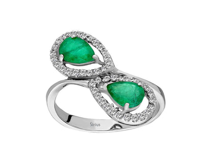 Weißgold-Ring mit 44 laborgezüchteten Diamanten (0,19 Karat) und 2 tropfenförmigen Zucht-Smaragden (1,43 Karat)