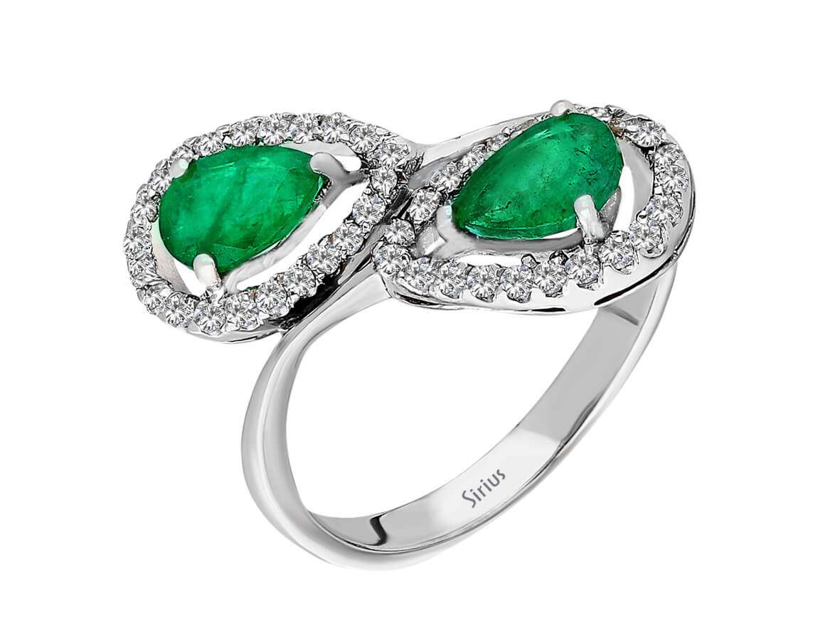 Bague en Or Blanc avec 44 diamants de 0,19 ct et 2 émeraudes en forme de goutte de 1,43 ct – 14 K, 2,55 g – Bijoux haut de gamme de Rosy Lab Diamonds