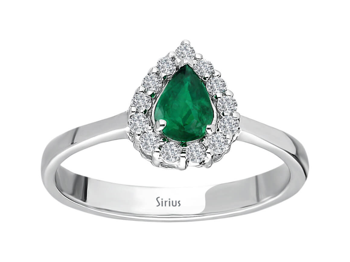 Bague en or blanc avec diamants de laboratoire et émeraude en forme de goutte – 14 K, 2,54 g – bijoux haut de gamme de Rosy Lab Diamonds