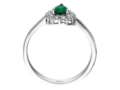 Weißgoldring mit 13 laborgezüchteten Diamanten und einem tropfenförmigen Smaragd