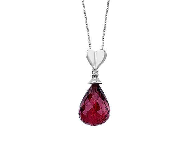 Pendentif avec goutte de grenat et diamant synthétique – or blanc 8K