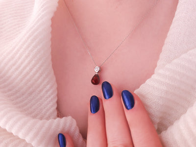 Pendant with Garnet Drop and Diamond | 14K White Gold