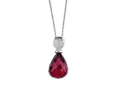 Pendant with Garnet Drop and Diamond | 14K White Gold