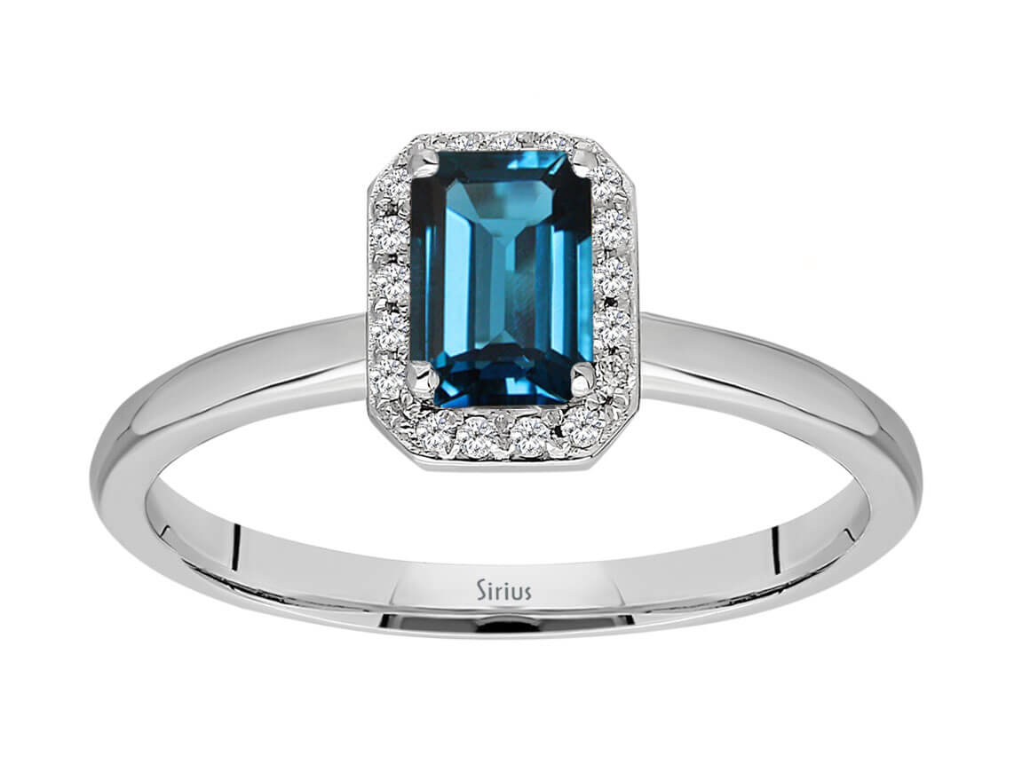 Weißgoldring mit 20 Diamanten und 1 Smaragd London Blue Topaz